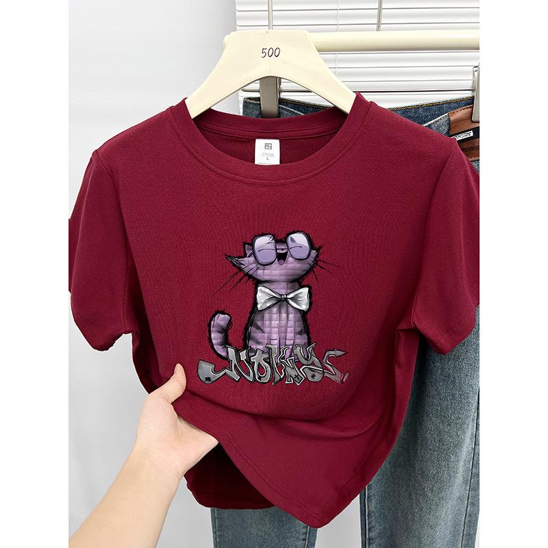 

2024 Высококачественный женский топ с коротким рукавом для миниатюрных женщин с принтом кошки M вино красного