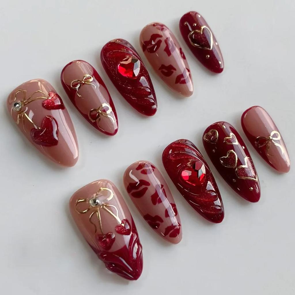24Pcs 3D Green Ripple Design False Nails Cat's Eye French Almond Fake Nail Tips Leaves Pattern Removable Oval Press on Nails
