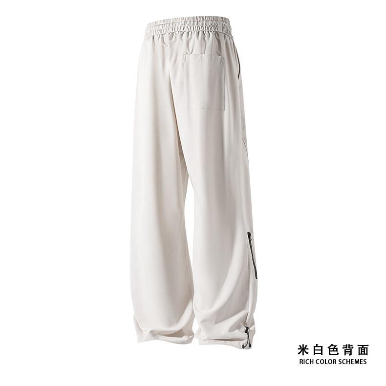 Summer Men's Ice silk Waterproof Pants Casual Zipper Can Tie Feet Solid Straight Elastic Waist Trousers Loose Daily Pants 5XL