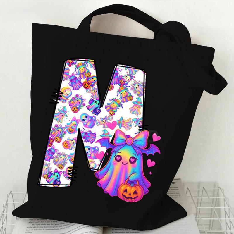 Halloween Alphabet Canvas Bag Going Out Portable Handbag Women's Large Capacity Casual Shoulder Crossbody Bag