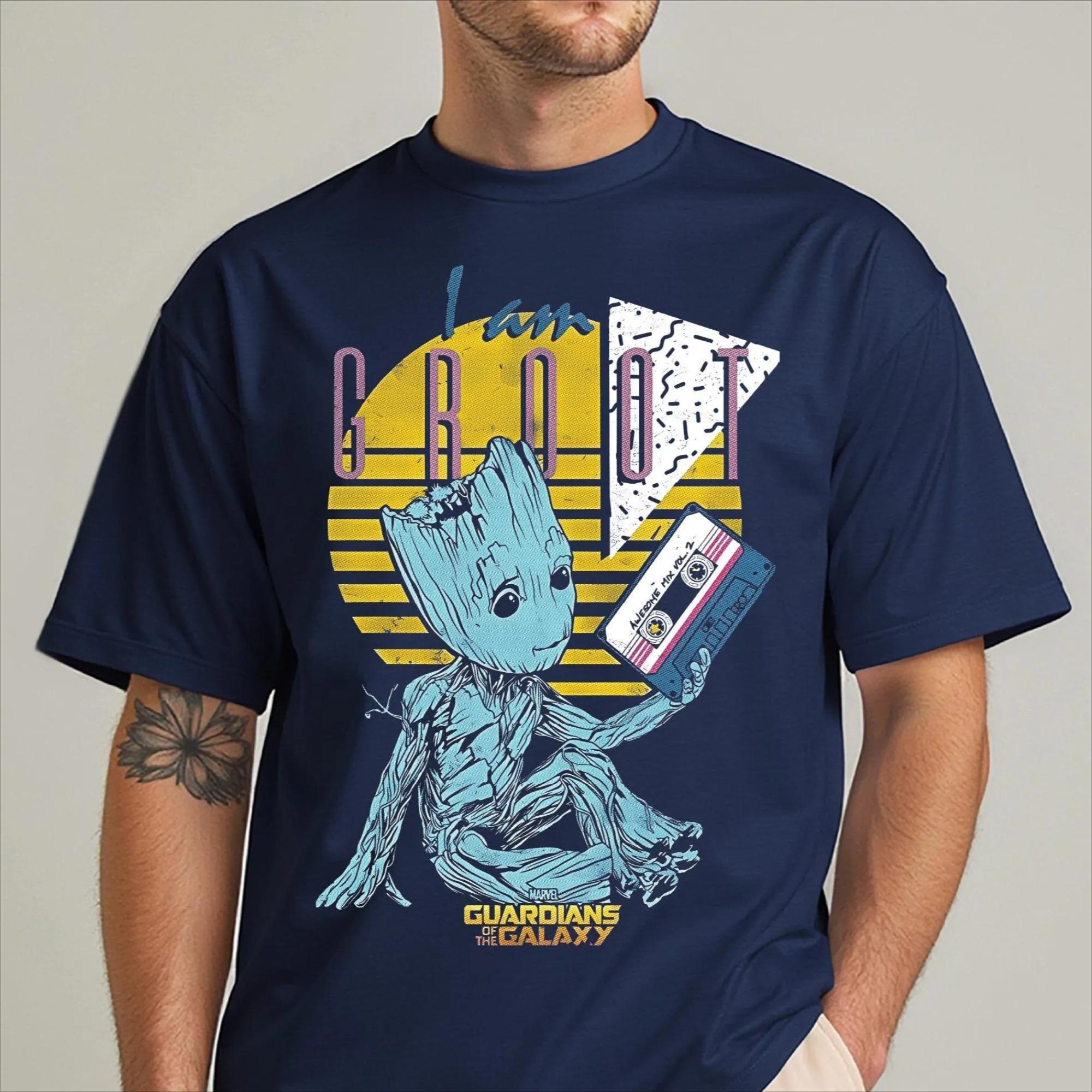 Retro 80s Style Groot TShirt Men Awesome Mix Vol 2 Cassette Tape Print Tshirt Guardians of The Galaxy Streetwear Hip Hop Top S