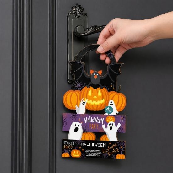 2 Pcs Halloween Door Hanger Signs, Wooden Pumpkin Bat Door Knob Hanger for Home Bedroom, Holiday Party Decor