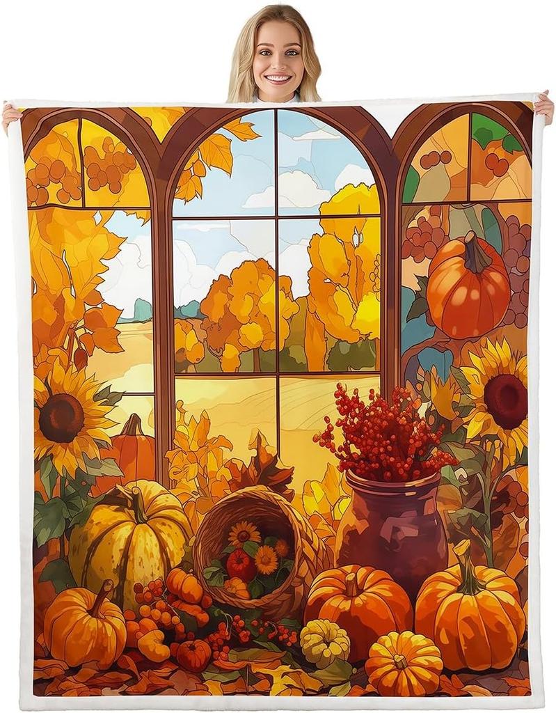 Fall Gnome Throw Blanket Twin Autumn Maple Leaf Fleece Blanket Exotic Style Hippie Dwarf Sherpa Blanket Thanksgiving Harvest