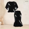 Women Plus Size Two Piece Set Round Neck Batwing Short Sleeve Printed Ruffle Top Fishtail Skirt Black