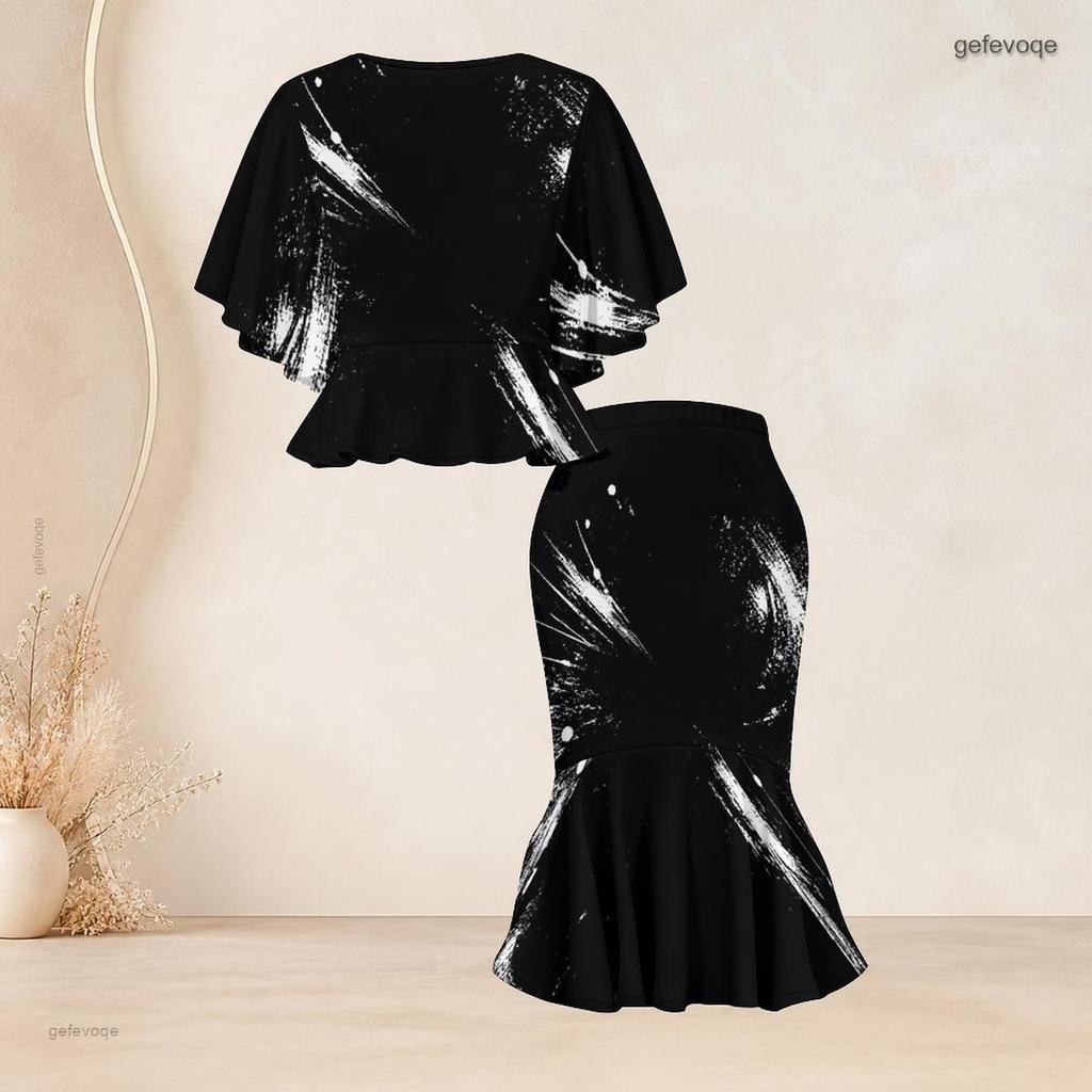 Women Plus Size Two Piece Set Round Neck Batwing Short Sleeve Printed Ruffle Top Fishtail Skirt Black