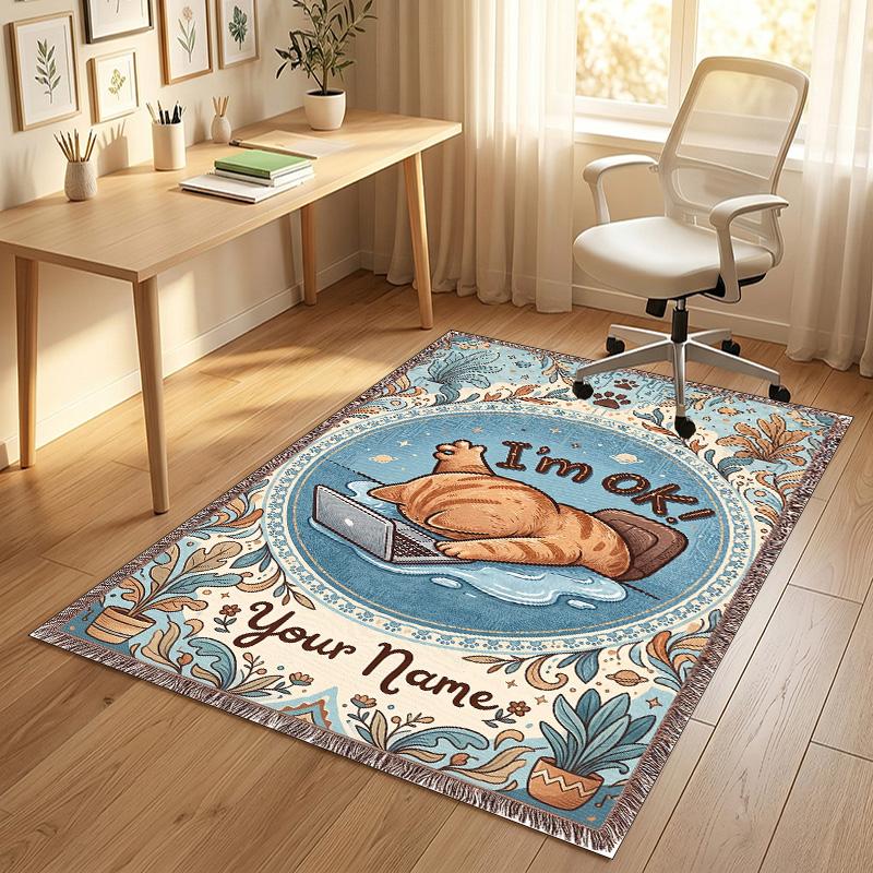 Cat Laptop Theme Soft Crystal Velvet Rug Custom Name & Text Print Non Slip Floor Rug for Bedroom Living Room