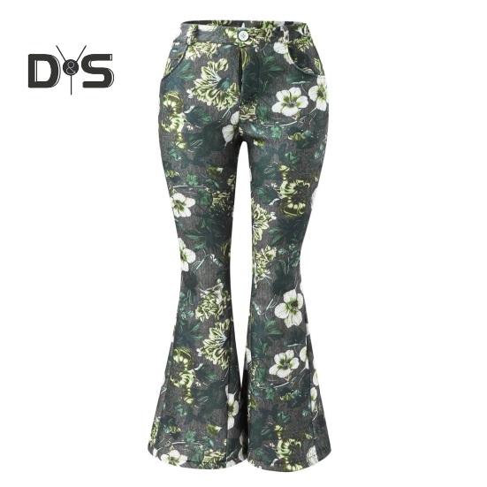 

Женские джинсовые брюки с высокой талией, цветочным принтом, расклешенные джинсы с карманами, поясом, легкими дышащими джинсами S зелёный