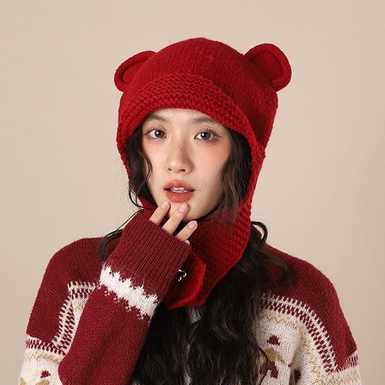 Ангола красный милый шапка-медведь женская корейская версия i тепловая шапка для защиты ушей осень-зима вязаная большой окружности головы головной убор One size