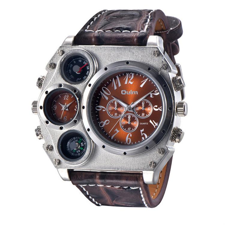 Oulm HP1349 Men's Sport Quartz Wristwatch Super Big Dial Decorative Compass Business Style Leather Band New Large Dial for Men