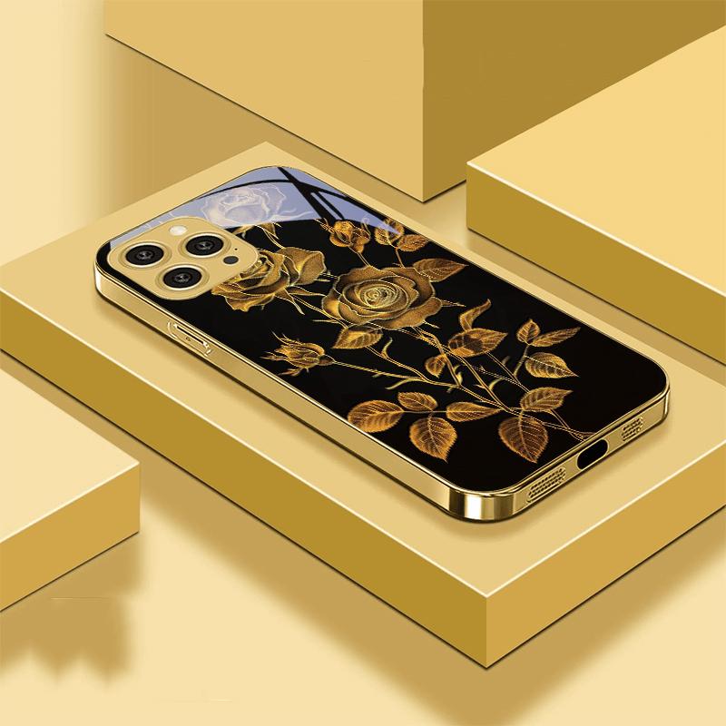 Golden Rose Flowers For IPhone 16 Pro Max 15 P Ro 14 M Ax 13 Plus 12 Mini 11 XS Max XR Golden Tempered Glass Phone Case