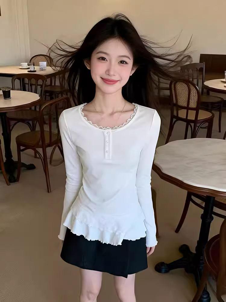 260g Cotton Modal Korean Lace Trim Slim Fit Button Top