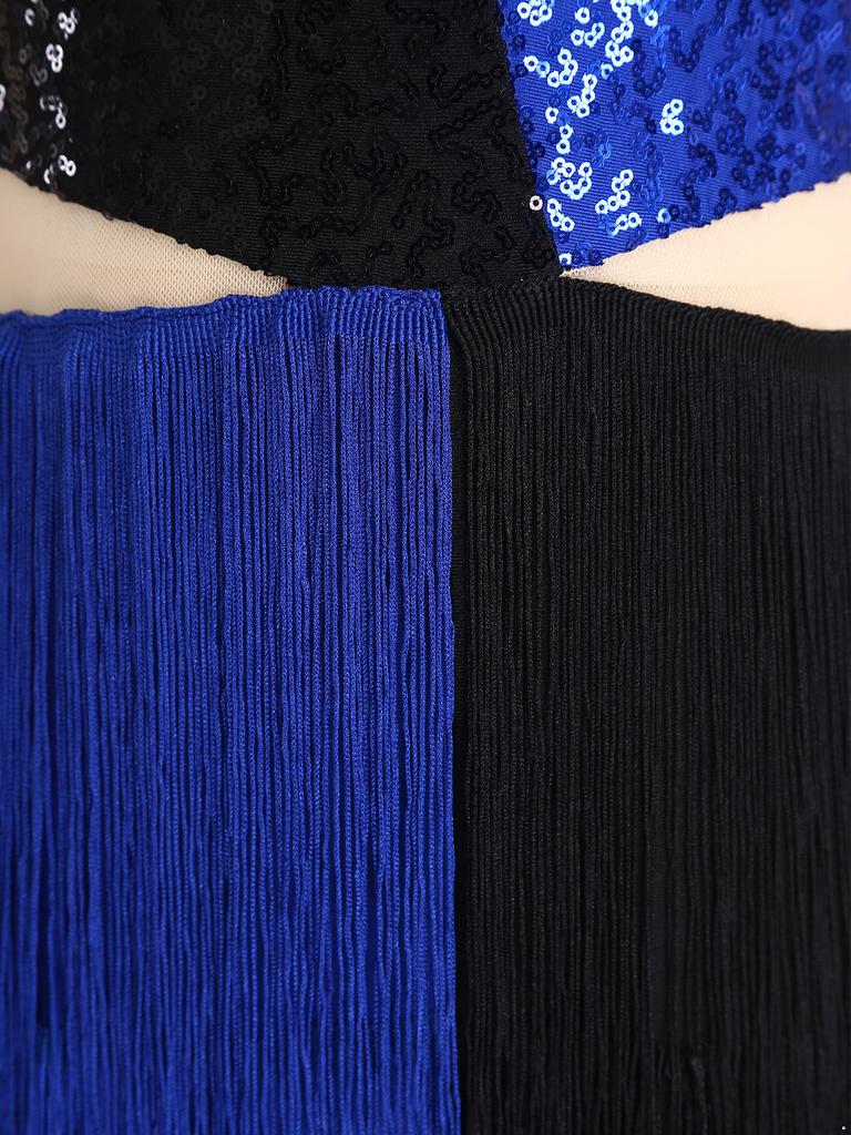 Lateinischer Tanz Wettbewerbskostüm für Mädchen: Colorblock Pailletten Quasten Jumpsuit, Neckholder Ärmellos mit Cut-out Rücken für Bühnenauftritt