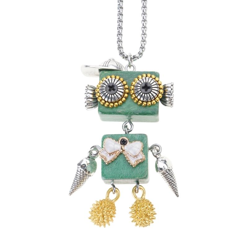 Wood Block Robot Pendant Necklace Adjustable Length Punk Neckchain Stylish Leather Cord Accessory Fade Resistant Chokers