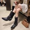 Yueyu Versatile Folded Western Women's Cowhide Pointed V-mouth Skinny Thick Heel Black Niche Rivet Knight Boots Women