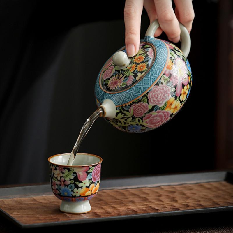 210ml Traditional Ru Kiln Ceramic Teapot Handmade Flowers Pattern Xishi Tea Pot Ball Hole Filter Kettle Portable Chinese Tea Set