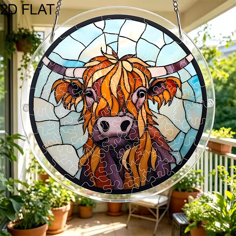 2D Flat - 1 Set/83pcs 18.8Cm Acrylic Jigsaw Puzzle Sun Catcher, Highland Cow Puzzle Sun Catcher, Suitable for Garden And Window Hanging, Handmade 83pc
