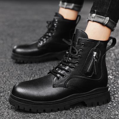 Mode-Plateau-Stiefel Herren Britische Lederstiefel Herbst Winter High Top Wasserdicht Klobige Stiefeletten Mode Schwarze Lederschuhe Mann Weich