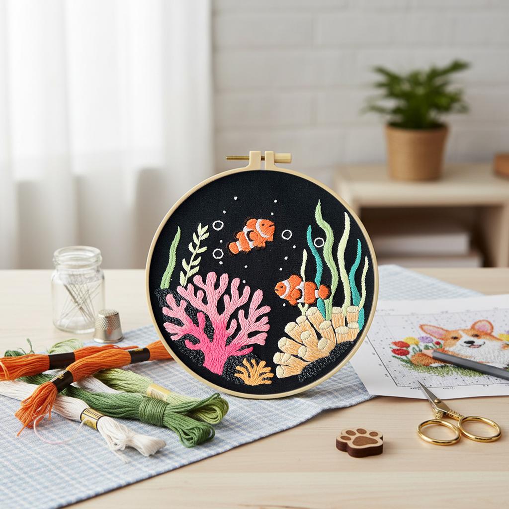 Meereslebewesen DIY Gesticktes Stickstiche Übungsset mit Stickrahmen Handnähset 30x30cm für Anfänger Erwachsene
