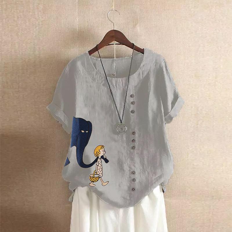 GMXIA Summer Vintage Plus-size Casual Loose Cotton and Linen Short Sleeve Pullover T-shirt Cotton and Linen Women Plus-size Women's Wear