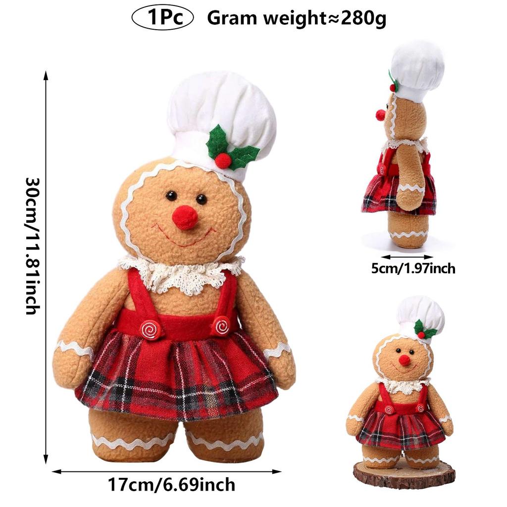 30cm Christmas Plush Gingerbread Character with Chef Hat Bow Christmas Decoration Doll Holiday Christmas Season Decoration