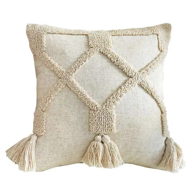Boho Linen Cushion Cover 45x45cm / 30x50cm – Beige Neutral Tassel Throw Pillow Case for Living Room, Bedroom Decor