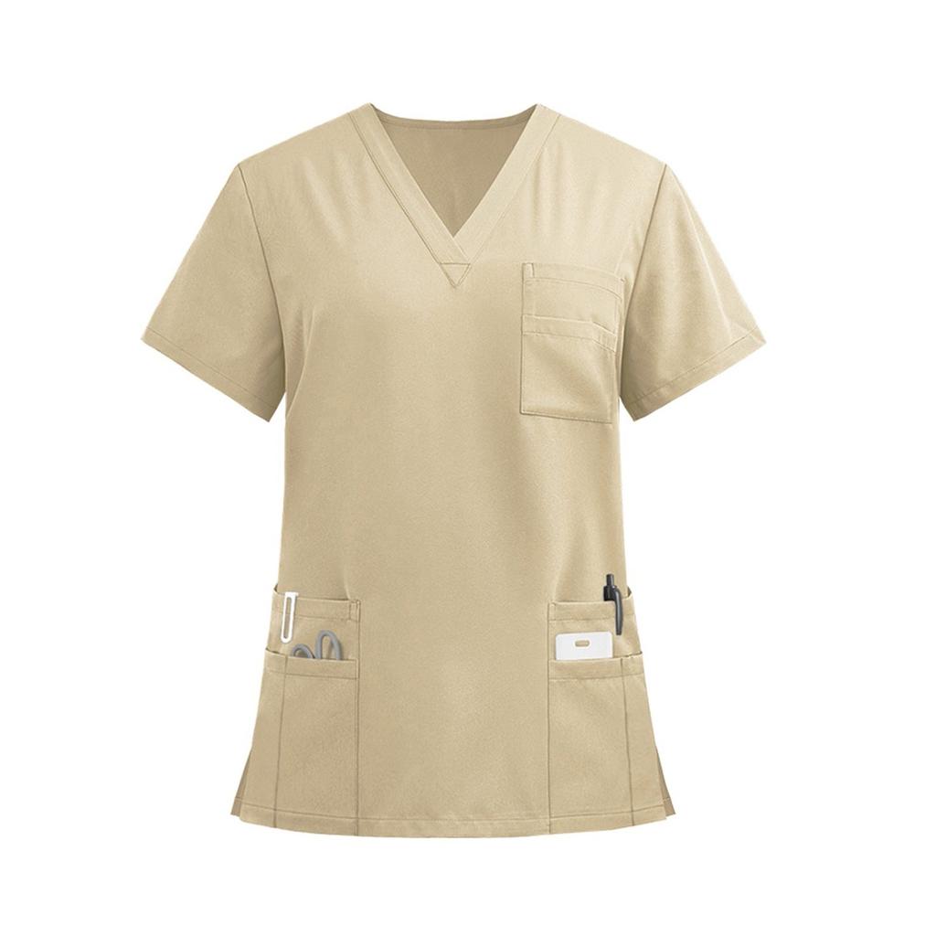 Ladies' Lightweight Solid Color V-neck Multi Pocket Side Slit Short Sleeved Shirt