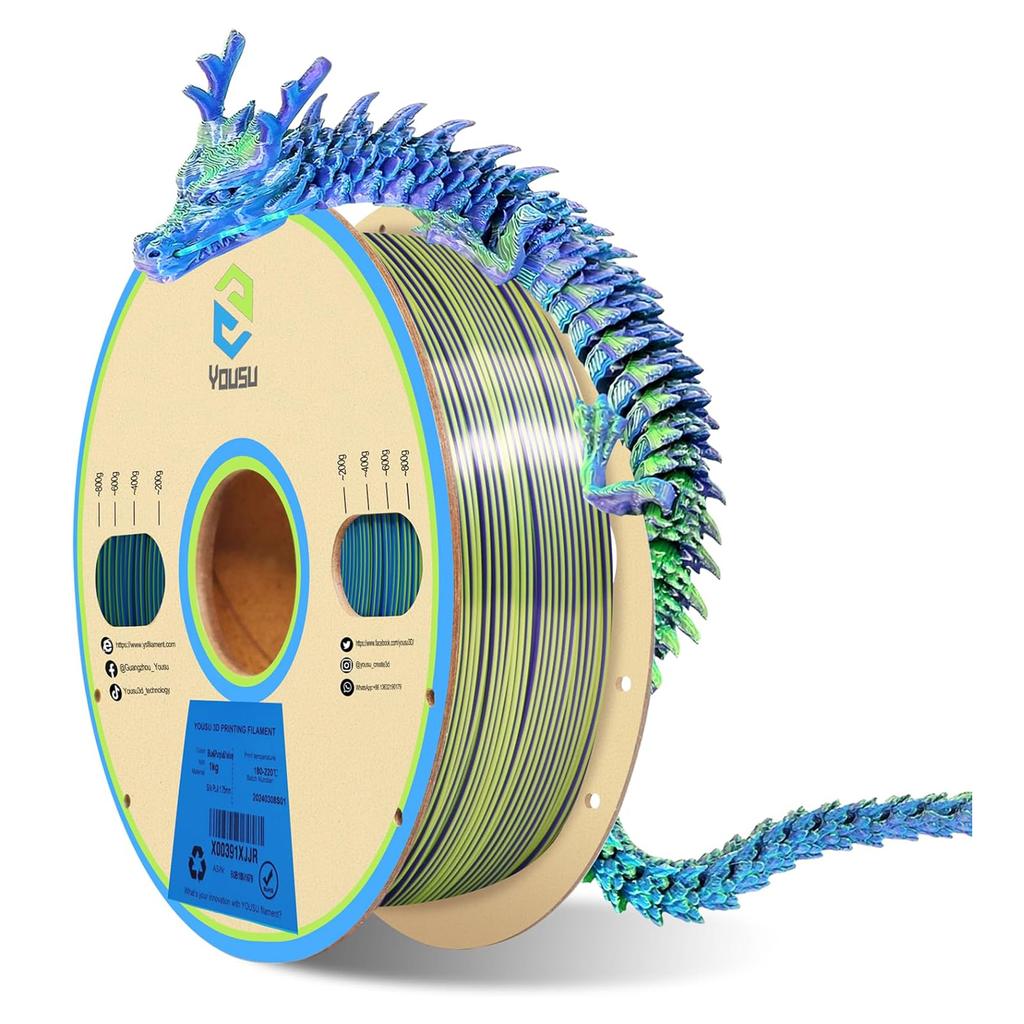 YOUSU Silk PLA Filament for 3D Printer 1.75mm Dimensional Triple Color Coextrusion Filaments