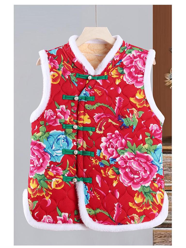 Middle-aged Women's Chinese Style Red Floral Quilted Vest with Frog Buttons – Autumn/Winter Plus Velvet Thickened Vest