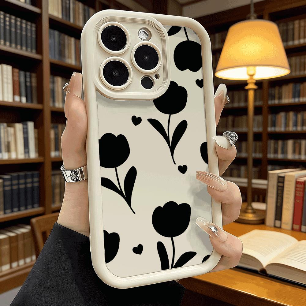 Black Tulip Flower Pattern Luxury Anti-Slip TPU Phone Case For Xiaomi Redmi Note 15 14 13 12 11 10 9 Pro Full Protective Cover