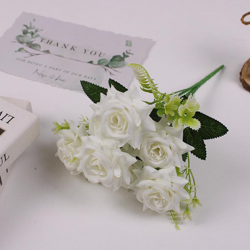 10pcs Simulation 7-head Corner Roses Bouquet Light Luxury Silk Pink Flowers Wedding Auditorium Decoration Rose Artificial Flower