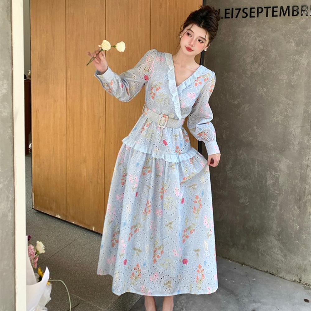 Spring Holiday Crochet Lace Embroidery Hollow Out Floral Print Party Dress Women's Long Sleeve Pearl Buttons Up Belt Clothing
