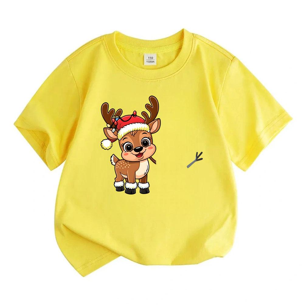 Kids Boys Girls 100% Cotton Crew Neck Short Sleeve T-Shirt, Cute Cartoon Christmas Reindeer with Santa Hat Xmas Light Print Casual Soft Tee Top for Ho