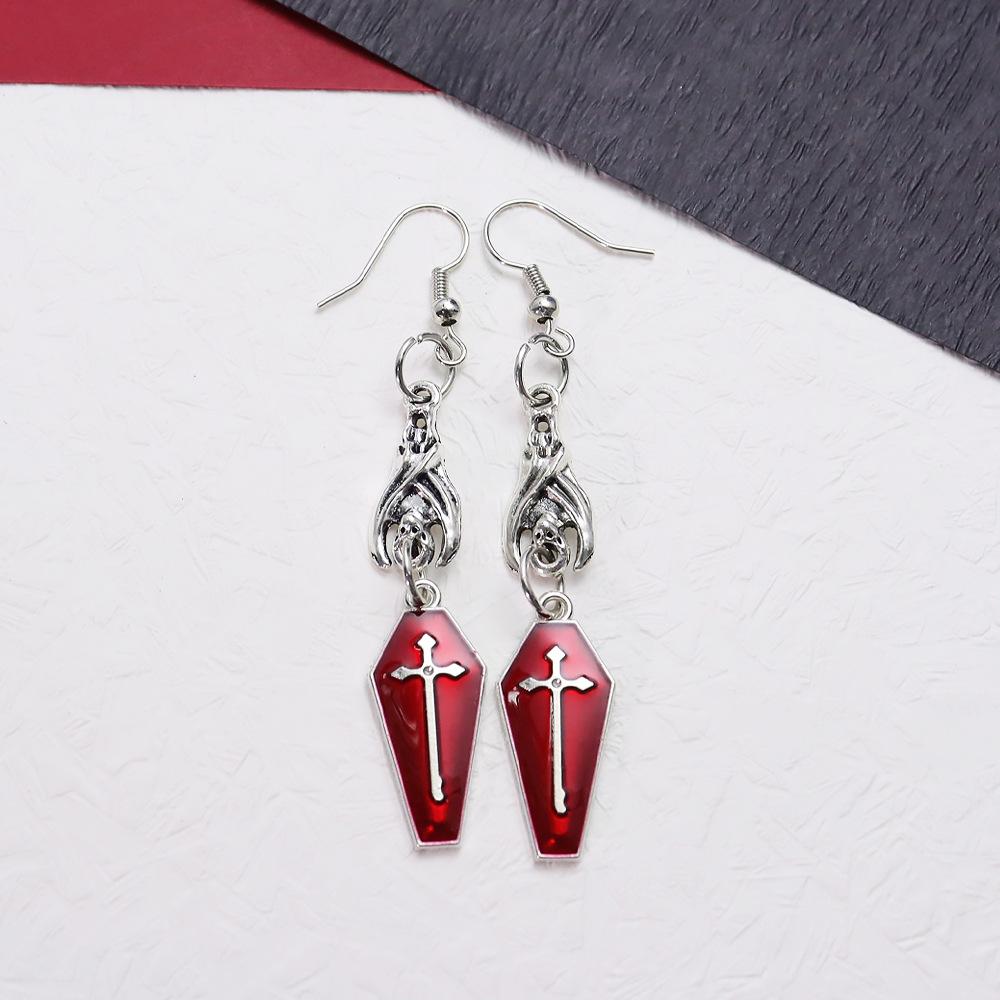 European & American Gothic Halloween Earrings: Coffin, Bat, Vampire, Cross Designs