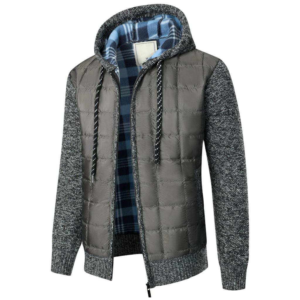 Men's Hooded Plush Plaid Knitting Drawstring Coat Sweater  Warm Solid Color Jackets Tops