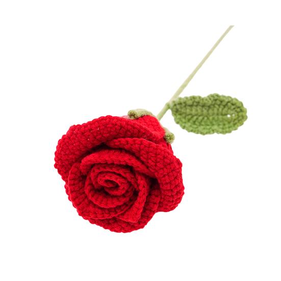 Handmade Crochet Rose Flower Knitted Rose Bouquet with Leaves Valentine's Day Anniversary Birthday Artificial Rose Gift for Women Teacher Mom Friend
