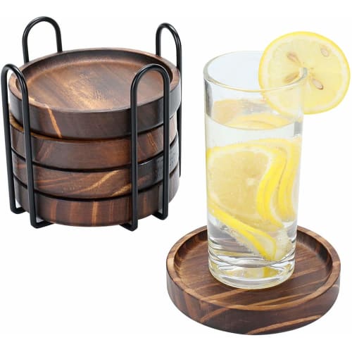 Yangbaga Wooden Coaster Set with 3D Design - 5 Coasters with Storage Holder, Ideal for Cafes and Homes
