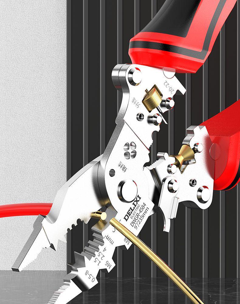 Multifunkční elektrikářské kleště: Nástroj pro stříhání, tahání, odizolování, krimpování, odizolování a navíjení drátů.