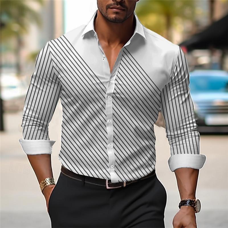 Striped men's business casual 3D printed shirt for outdoor wear, daily work folding, long sleeved oversized xs-6xL for comfort