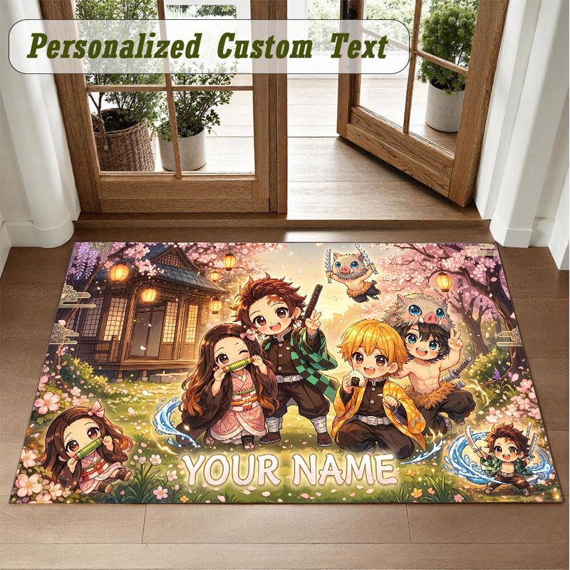 Crystal Velvet Square Rug Custom NameDemon Slayer Pattern Non Slip Home Floor Decor Rug