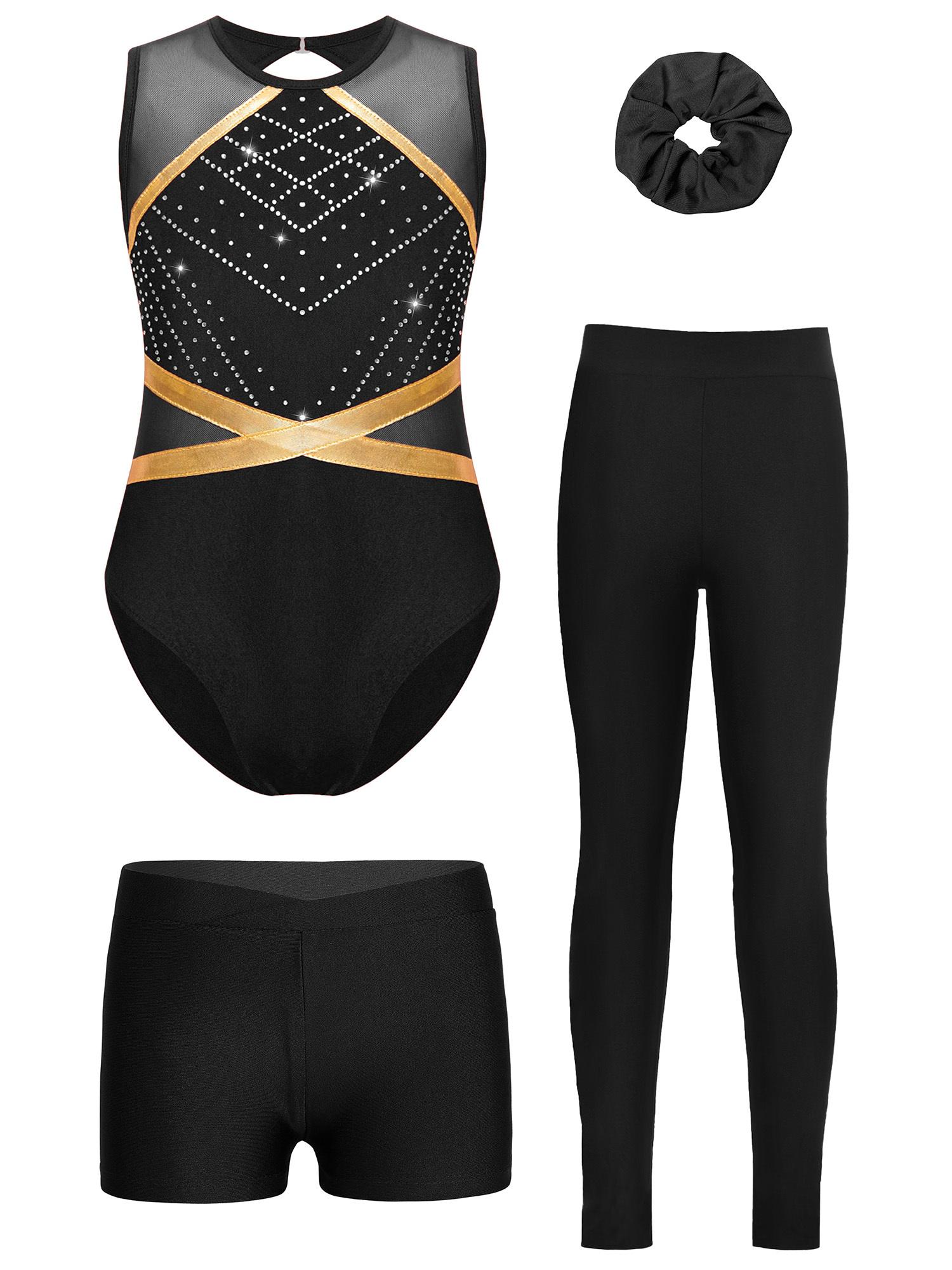 Mädchen Gymnastik Tanz Set Ärmelloser Glitzernder Strass Turnanzug V-Ausschnitt Bund Shorts Leggings Kopfbedeckung 5-6 Years schwarz