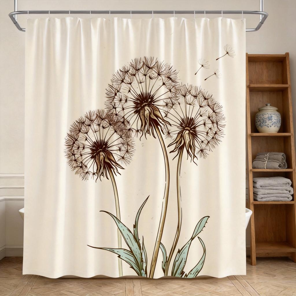Dandelion Shower Curtain 180x180cm – Minimalist Sepia Botanical Print, with 12 Hooks Bath decorative shower curtain