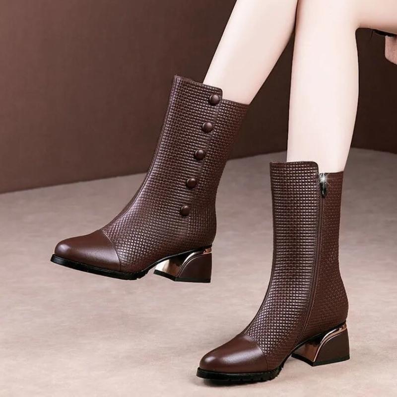 Fashion Brown Leather Middle Heel Half High Boots for Women 2025 New Mid Calf Shoes Woman Sale Cosplay Offer Trend Footwear on Promotion