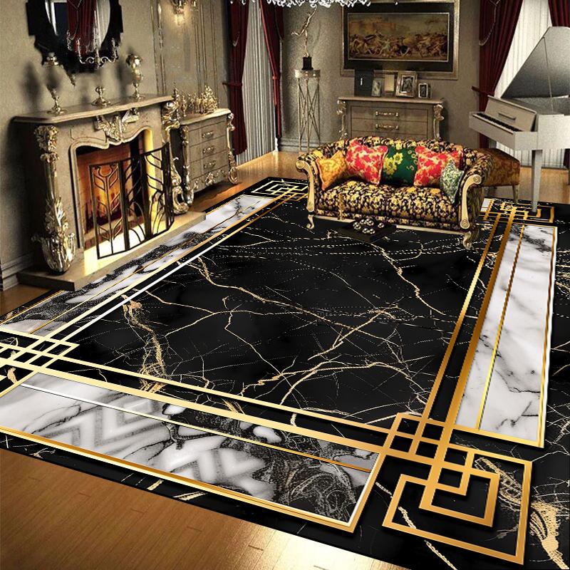 European Luxury Large Area Carpets Living Room Black Gold Marble Style Decoration Sofa Area Rugs for Bedroom Floor Mat Anti-slip