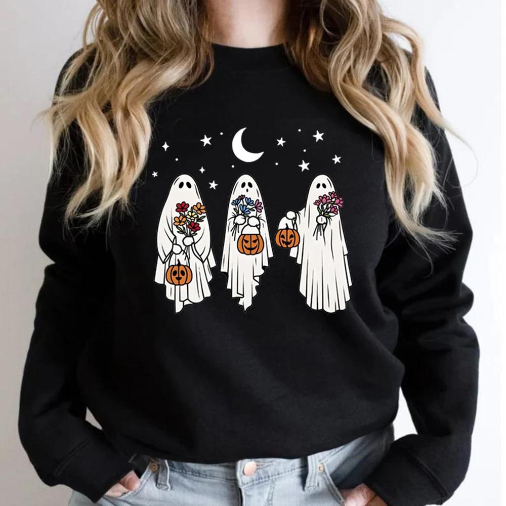 Vintage Halloween Ghost Sweatshirt Floral Retro Spooky Pumpkin Sweatshirts Women Long Sleeve Pullover Womens Halloween Hoodies