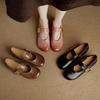 Fashion Women's New Leather Cowhide Round Head Metal Belt Buckle with Raised Center Heel Mary Jane Casual Single Shoe