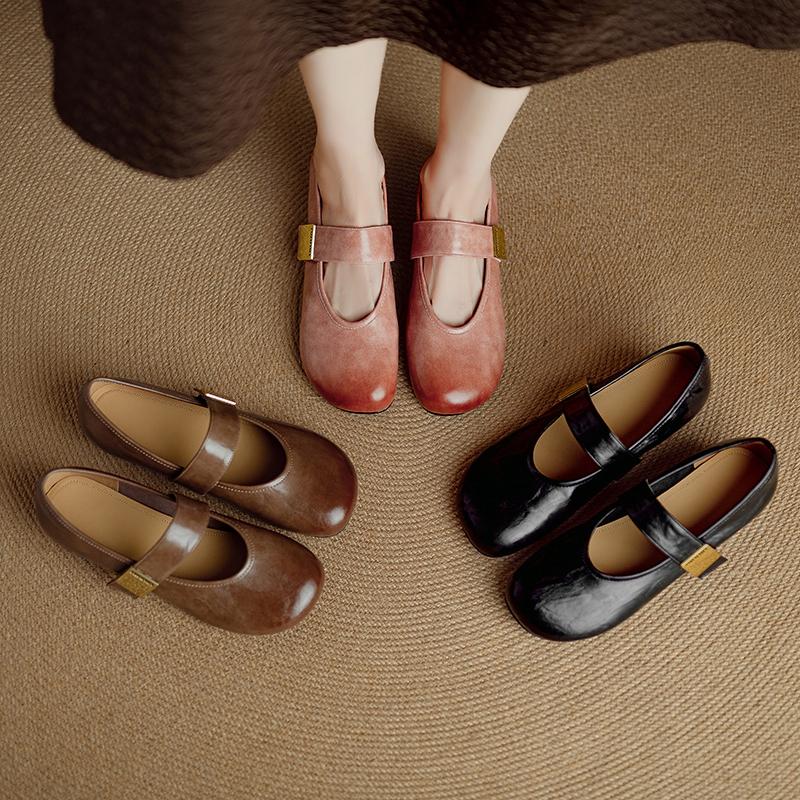 Fashion Women's New Leather Cowhide Round Head Metal Belt Buckle with Raised Center Heel Mary Jane Casual Single Shoe