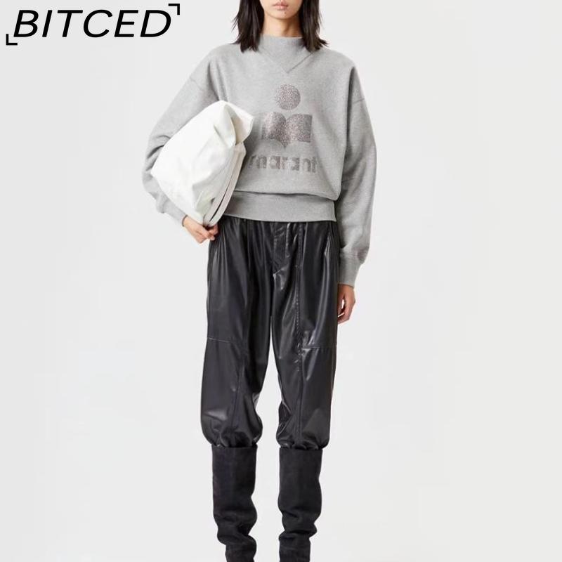 BITCED Damen Herbst/Winter Glitzer-Print Halbhoher Kragen Baumwolle Stehkragen Sweatshirt