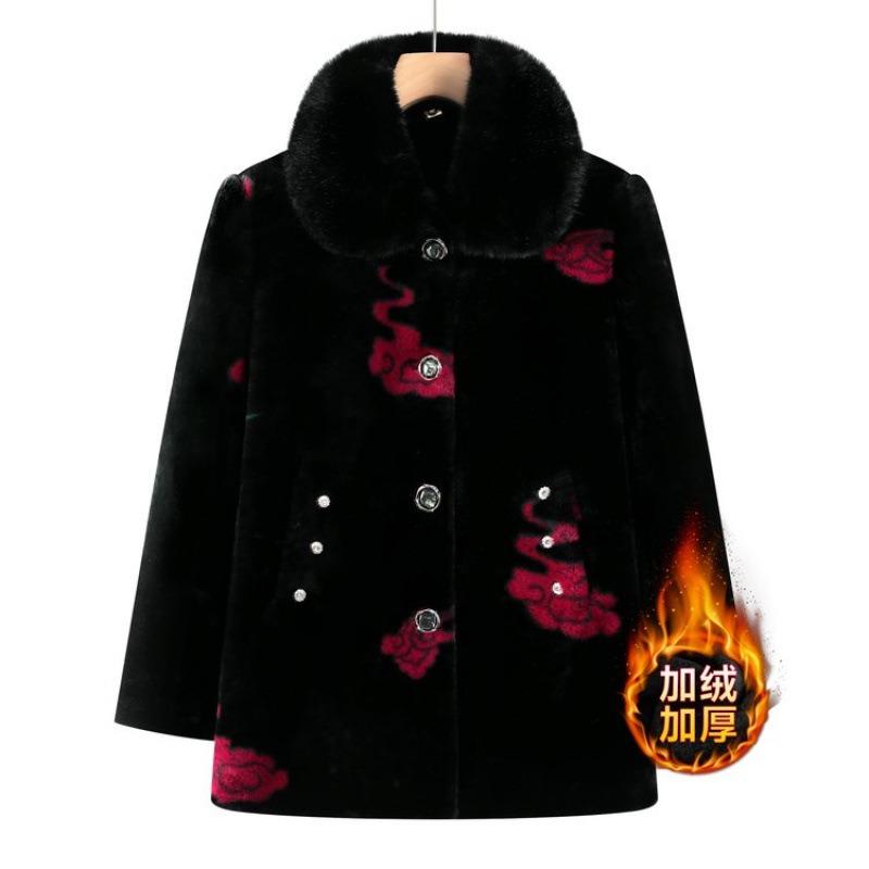 Grandma Winter Coat Women Middle-aged and Elderly Mink Fleece Fur Collar Coat Mother Fleece Thickened Elderly Warm In Winter