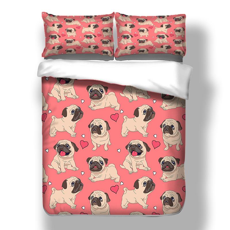 Pink Bed Linen Set Cute Pet Dog Single Double Bed Cover Set Heart-shaped Queen King Twin Full Size Bed Clothing for Child Soft and Comfortable