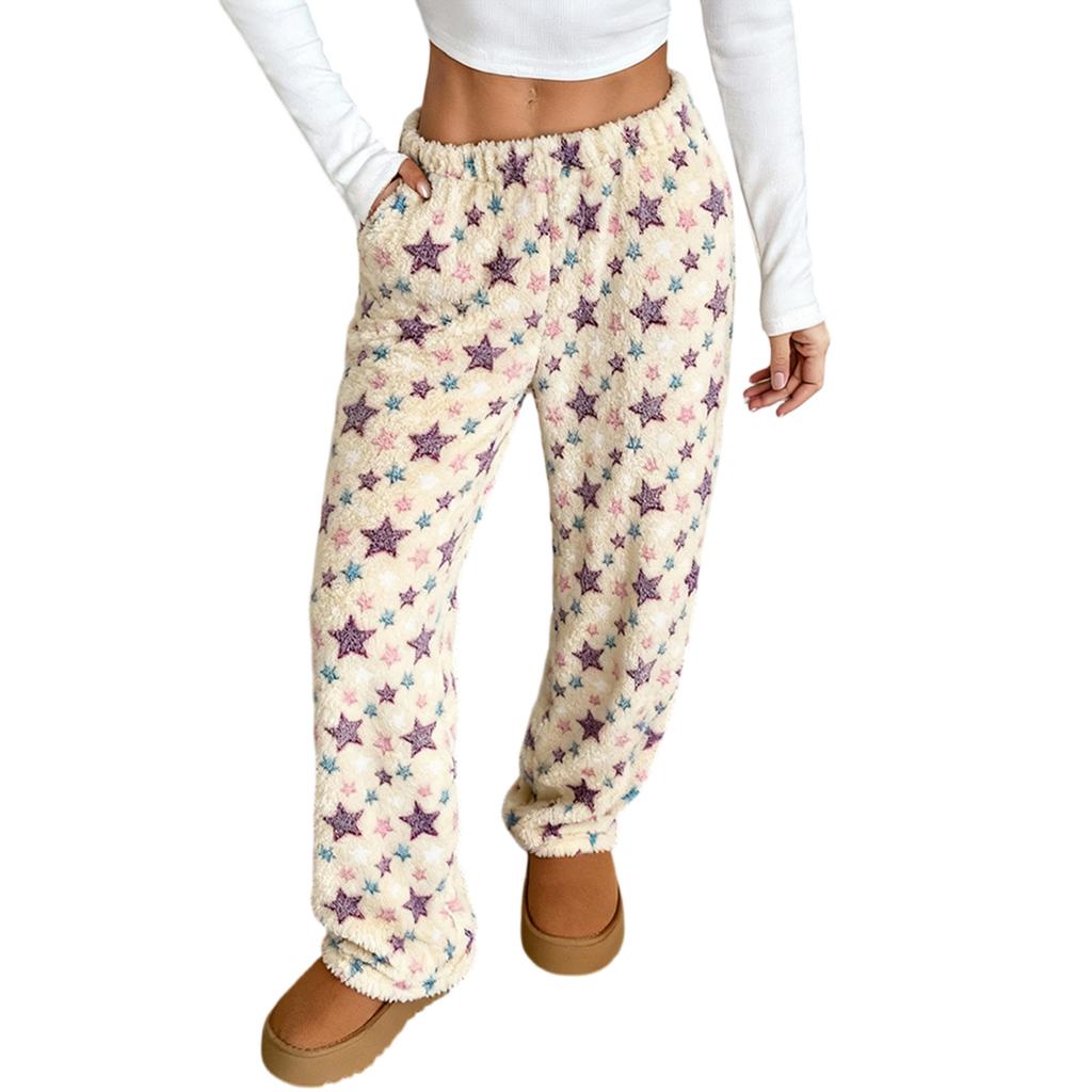 Dámské pyžamové kalhoty, Plyšové pyžamové kalhoty, Měkké pyžamové kalhoty s elastickým pasem, Kalhoty s hvězdami a 2 kapsami